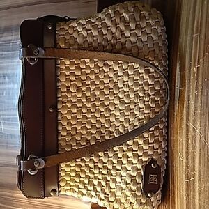 Vintage Borelli straw and leather satchel purse pocketbook bag 👜